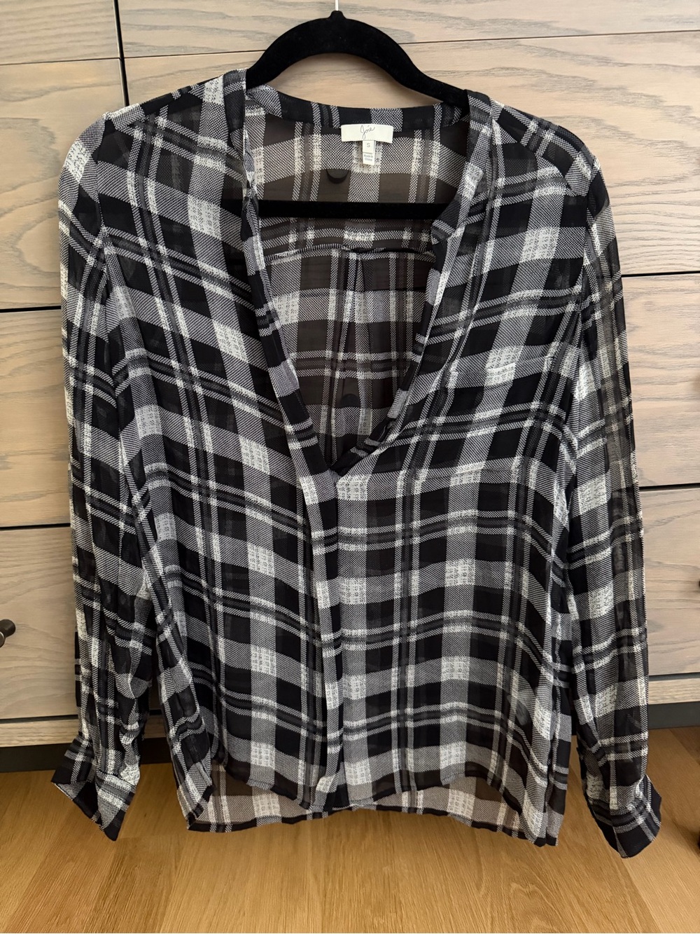 Joie Black and White Plaid Sheer Blouse
